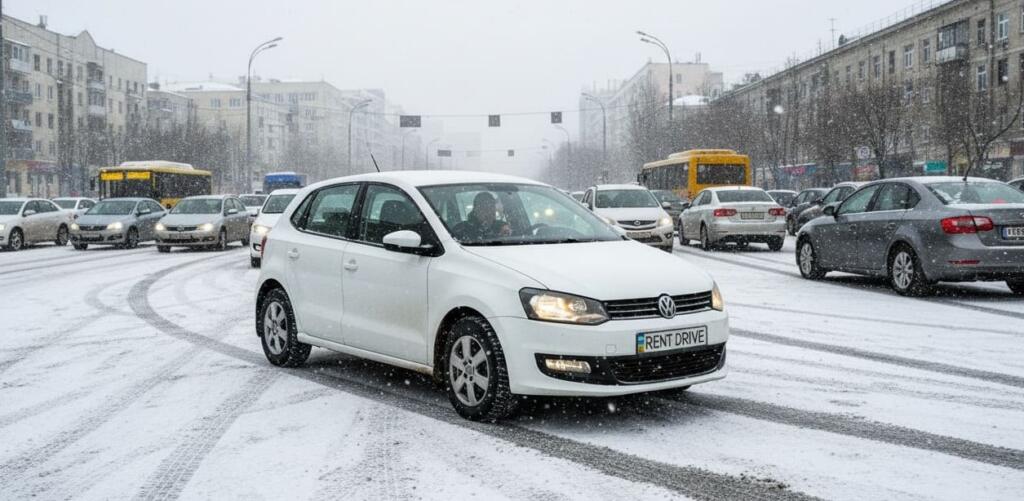 alt - Volkswagen Polo у зимовому трафіку Києва з водієм — оренда авто економ-класу RentDrive