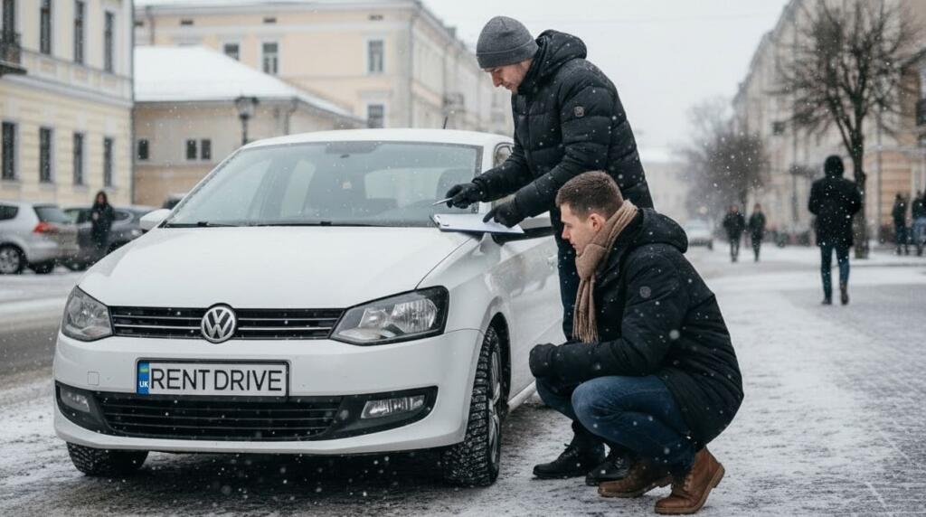 alt - Передача Volkswagen Polo клієнту взимку в Києві — перевірка автомобіля в автопрокаті RentDrive