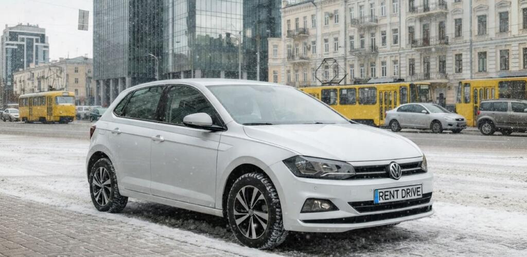 alt - Білий Volkswagen Polo взимку в центрі Києва — економ авто в оренду від RentDrive