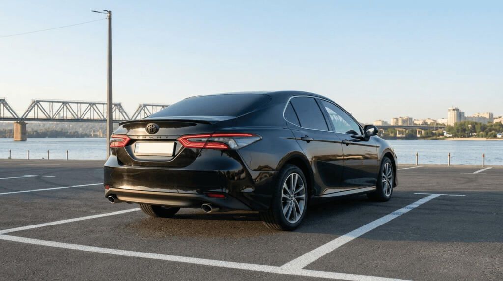 alt - Чорна Toyota Camry із тонованими задніми та боковими вікнами на парковці біля набережної в Києві, задній ракурс автомобіля RentDrive