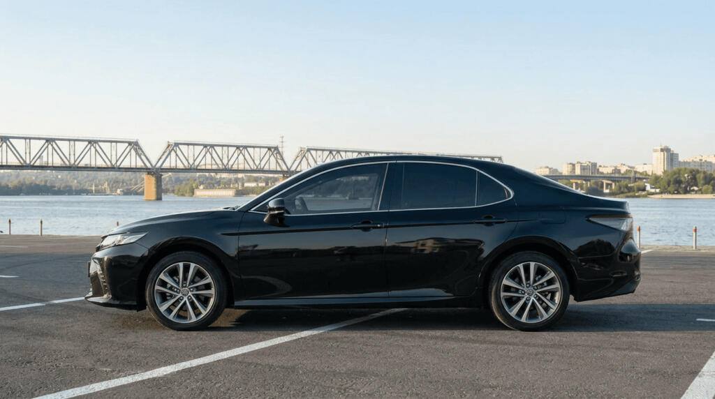 alt - Чорна Toyota Camry XV80 у боковому ракурсі на парковці в Києві